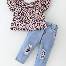 Mark & Mia Cotton Lycra Knit Half Sleeves Printed Top & Full Length Denim Jeans Set with Cheetah Theme Print - Multicolor-image-51