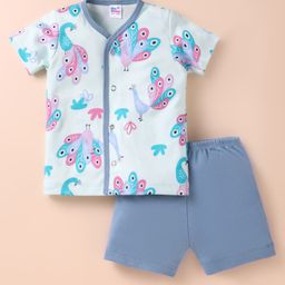 Ben Benny 100% Cotton Knit Half Sleeves Front Open Shorts Nightsuit with Peacock Print - Light Blue-image-2