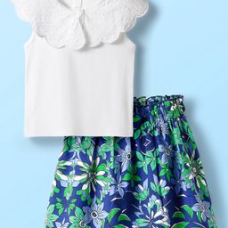 Babyhug Cotton Woven Sleeveless Floral Printed Top & Shorts Set with Chifilli Detailing - White & Blue-image-99