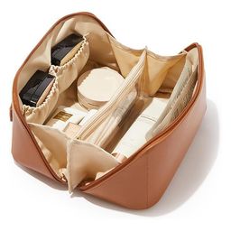 JD FRESH Leather Makeup Organizer Bag For Women - Brown-95