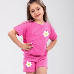 J&JP Cotton Half Sleeves Floral Printed Coordinating Tee & Shorts Set - Pink-image-88