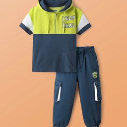 Pine Kids Cotton Knit Half Sleeves Cut & Sew Hooded T-Shirt & Joggers Set with Text Print - Limegreen-image-75