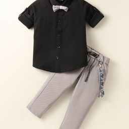 Rikidoos Full Sleeves Textured Shirt With Pant Suspender & Bow Set - Black & Grey-image-80