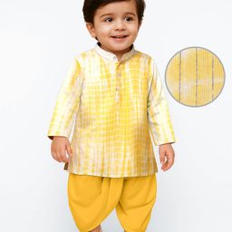 EARTHY TOUCH Cambric Woven Mandarin Collar Full Sleeves Kurta Dhoti Set With Textured Print - Yellow-image-33