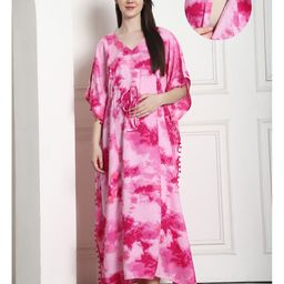 Secret Wish Rayon Woven Half Batwing Sleeves Tie Dye Maternity Kaftan Nighty With Side Zipper Nursing Access - Pink-image-93