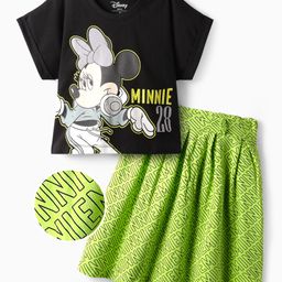 Ollington St. Disney Single Jersey Knit Half Sleeves Crop T-Shirt & Pleated Skirt with Minnie Mouse Graphics - Black & Light Green-picture-42