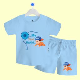 The Peppy Tend 100% Cotton Knit Raksha Bandhan Theme Half Sleeves My First Rakhi Text Printed Tee & Coordinating Shorts Set - Blue-image-14