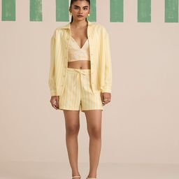 Muvazo Striped Shirt Collar Shirt & Shorts With Top Cacao Weave Co-Ords-image-94