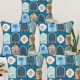 Blue Grass Blue & Yellow 5 Pieces Ethnic Motifs Printed Velvet Square Cushion Covers-image-111