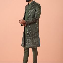 KISAH Men Olive Embellished Kurta Indowestern Sherwani Churidar Set-image-5