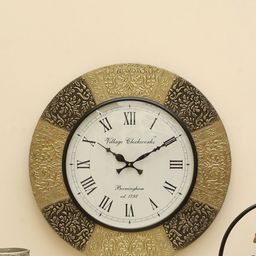 vedas C-Yarra Gold-Toned & White Textured Round Heritage Wooden Polished Wall Clock-36