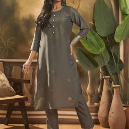 Sangria Ethnic Motifs Embroidered Round Neck Straight Kurta And Trousers-image-99