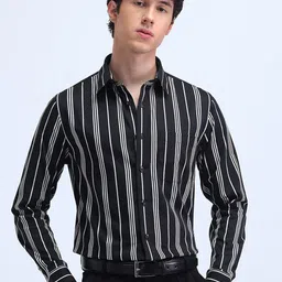 Flying Machine Men Manhattan Spread Collar Vertical Striped Cotton Slim Fit Formal Shirt-image-93