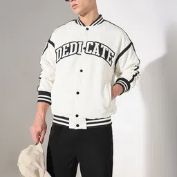 SHOWOFF Men White & Black Typography Print Mandarin Collar Oversized Cotton Varsity Jacket-picture-9