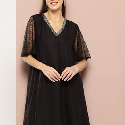 Qurvii Flared Sleeve Sequined Trapeze Dress-image-6