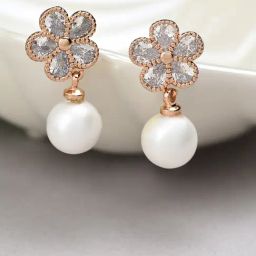 Zaveri Pearls Rose Gold Cubic Zirconia Contemporary Flower Drop Earrings - ZPFK10674-image-96