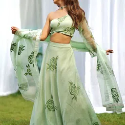 Thread & Button Printed One Shoulder Organza Ready to Wear Lehenga With Blouse & Dupatta-picture-2