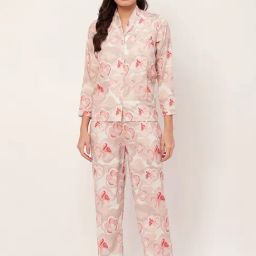 Moomaya Beige Satin Floral Print Shirt With Pyjamas-image-30