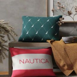 Nautica Logo Stripe Forest Green & Coral Microfibre 300 GSM Premium Cushion Covers - Set of 2-image-98
