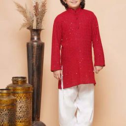AJ Dezines Kids Red & White Cotton Embroidered Full Sleeves Kurta Set-image-50
