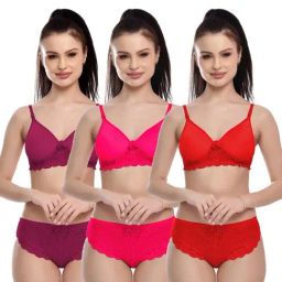 FIMS Red & Purple Lace Work Bra Panty Sets - Pack Of 3-25