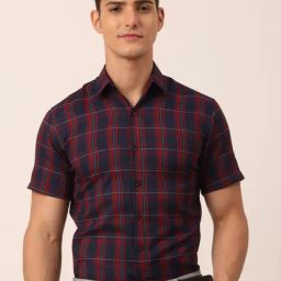 Jainish Red Cotton Regular Fit Checks Shirt-image-14