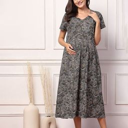 House Of Zelena Women Ethnic Motifs Printed Pure Cotton V-neck Maxi Nightdress-image-57