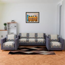 RUBOXA Cream-Coloured & Blue 10 Pieces Floral Design Velvet 5-Seater Sofa Covers-image-75