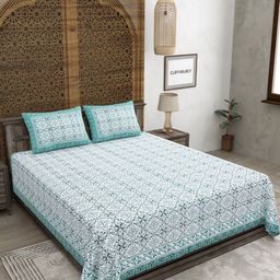 CLOTHOLOGY Blue & white Printed Pure Cotton 180 TC King Bedsheet Set 2.75 m x 2.25 m-24