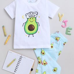 Knitting Doodles Premium Cotton Half Sleeves Avocado Printed Tee & Pajama - White & Blue-image-20
