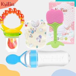 Kritiu Baby Silicone Fruit Feeder Food Feeder Teether And Bib Combo Of 4 ( Multicolor )-21