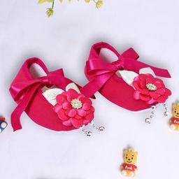 Coco Candy Floral Applique Detailed  Ribbon Tie Up Booties - Hot Pink-image-34