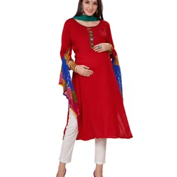 Mom for sure by Ketki Dalal Three FourthSleeves Placket Mirror Work Embellished Anarkali Maternity Kurta With Chiffon Bandhni Dupatta and concelead Zipper Access - Red-picture-44