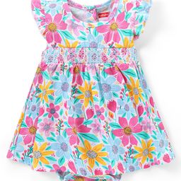 Babyhug 100% Cotton Knit Frill Sleeves Frock Style Onesie with Floral Print - Blue & Pink-image-96
