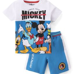 Babyhug Disney 100% Cotton Knit Single Jersey Half Sleeves T-Shirt & Shorts With Mickey Mouse Family Graphics - White & Blue-image-91