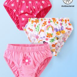 Babyhug 100% Cotton Antibacterial Panties Floral Print Pack Of 3 - Pink & White-image-59