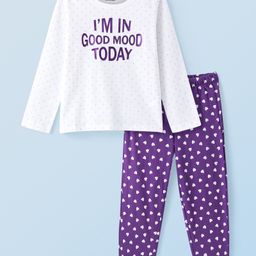 Honeyhap Premium 100% Cotton Knit Full Sleeves Night Suit with Bio Finish Polka Dot Heart & Glitter Text Print - Bright White & Pansy-picture-19
