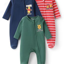 Babyhug Disney Interlock Knit Full Sleeves Sleepsuits With Winnie the Pooh Graphics Pack of 3 - Blue Green & Red-image-22