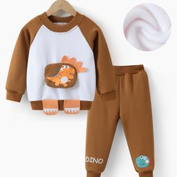 Kookie Kids Full Raglan Sleeves Winter T-Shirt & Lounge Pant Set With Dino Applique - Brown-image-30