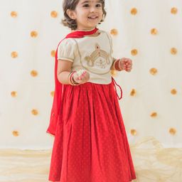 Tiber Taber Cotton Short Sleeves Embroidered Lehenga Set - Red-image-26
