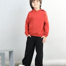 Aww Hunnie Cotton Looper Full Sleeves Solid Hooded Sweatshirt With Corduroy Trousers - Rust-picture-17