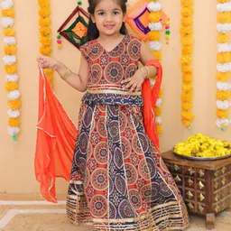 Vastrarth Sleeveless Floral Printed & Lace Embellished Lehenga Choli With Dupatta Set - Orange & Blue-picture-37
