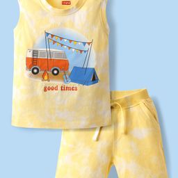 Babyhug Single Jersey Knit Sleeveless Tie & Dye T-Shirt & Shorts Set with Camping Print - Yellow-image-73