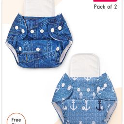 BabyhugFree Size Inserted Anchor & Denim Prints Reusable Cloth Diaper with Inserts Pack of 2 - Multicolour-19