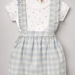 ToffyHouse Knitted Half Sleeves Top and Skirt With Checks & Floral Print with Frill Detailing - Light Blue-image-110