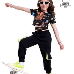 OLLINGTON ST. Cotton Short Sleeves FloralPrinted Top & Jogger -Multicolor & Black-picture-8