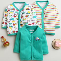 BUMZEE Cotton Knit Full Sleeves Stripes & Car Printed Jhablas Pack Of 3 - Sea Green & White-image-99