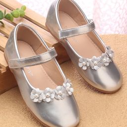 Babyoye Velcro Closure Ballerina With Floral Applique - Silver-image-34
