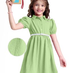 Hola Bonita Woven Half Puffed Sleeves Solid Frock With Belt - Light Green-image-61