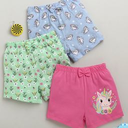 BUMZEE Cotton Knit Above Knee Length Floral & Unicorn Printed Shorts With Bow Applique Pack of 3 - Green Blue & Pink-image-50